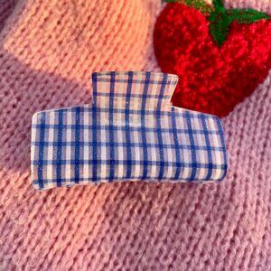 Blue, white square claw clip